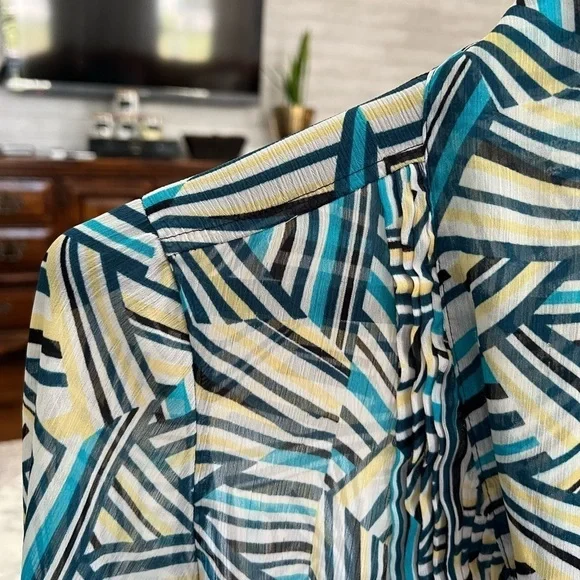 Banana Republic blue yellow navy stripe geo print tie blouse shirt top business - Picture 3 of 10